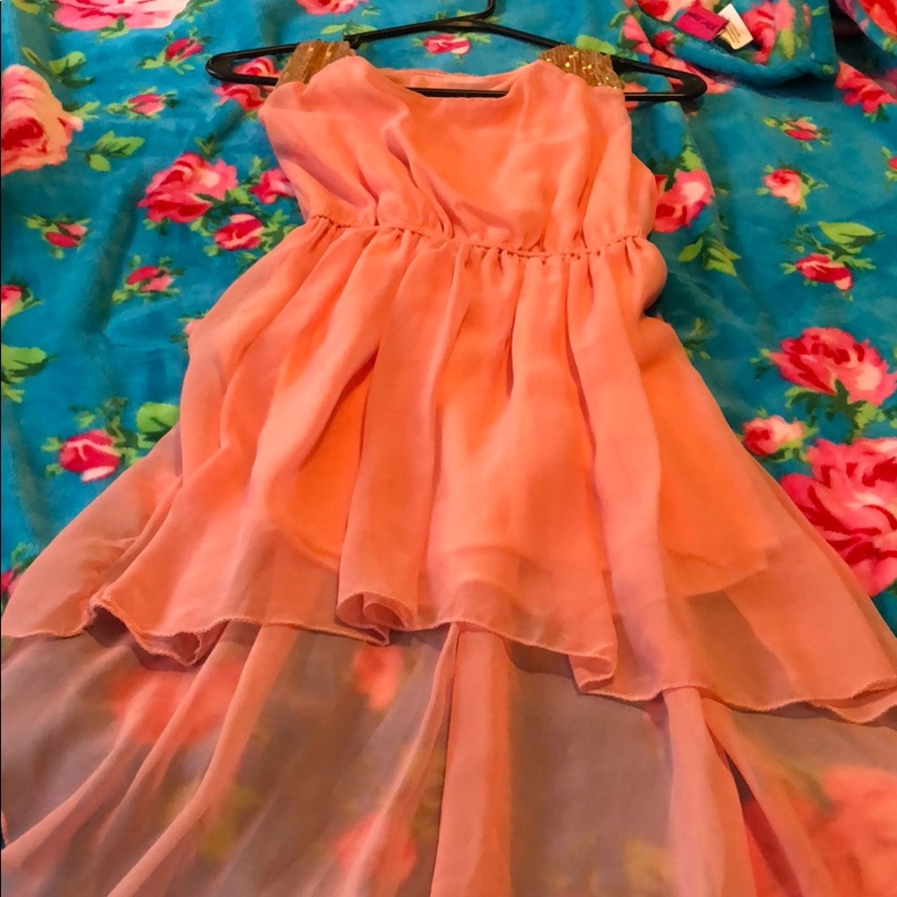 salmon colored high low dress w gold sequin detail